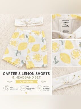 Carter’s Baby Girl Lemon Print Shorts & Headband Set – 12 Months